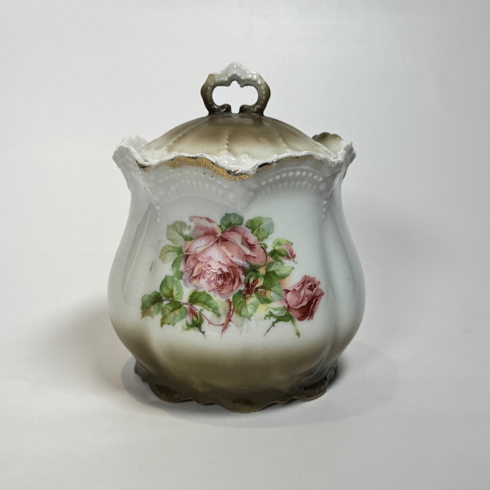 Antique Leuchtenburg Germany Porcelain Lidded Biscuit Jar Pink Roses Victorian